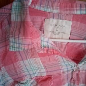 Sonoma Coral and Mint Plaid Shirt